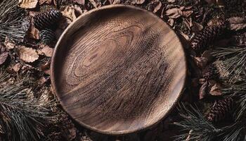 a rustic wooden plate with natural grain patterns placed on dried autumn leaves and scattered pinecones in a woodland setting photo