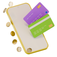 Smartphone with debit card and dollar coins on Mobile banking and Online payment service. 3d icon render illustration png
