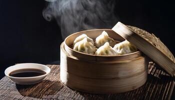 freshly steamed dumplings in a bamboo basket with soy sauce on the side photo