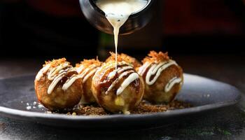 close-up of japanese takoyaki with mayonnaise drizzle and bonito flakes photo