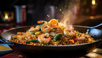 close-up of sizzling fried rice in a wok with shrimp, egg, broccoli, and colorful vegetables mid-toss over high heat photo