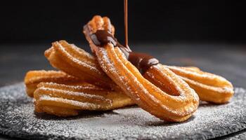 close-up of golden churros dusted with sugar and chocolate sauce dripping over crispy fried pastry sticks photo