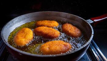 golden banana fritters frying in bubbling hot oil with crisp edges forming in a pan under high heat photo