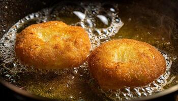 close-up of potato croquettes frying in hot oil with golden crispy crust and bubbling texture forming photo