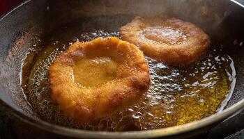 close-up of golden banana fritters frying in bubbling hot oil with crispy edges forming under the heat in a deep frying pan photo