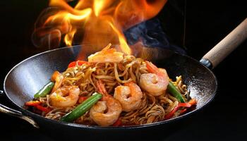 close-up of stir-fried noodles with shrimp, vegetables, and chili sauce cooked in a flaming wok, showcasing vibrant colors and steam photo