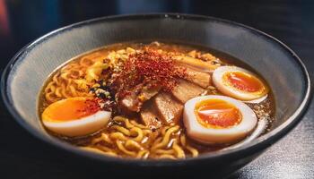 close-up of spicy ramen with soft-boiled eggs, tender pork slices, chili flakes, and rich broth served in a black bowl photo