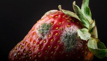 macro close-up of a rotting strawberry covered with green mold colonies and detailed surface texture on black background photo