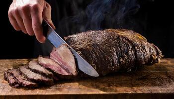 close-up of tender beef brisket being sliced, showcasing juicy, smoked texture and steam rising in the background photo