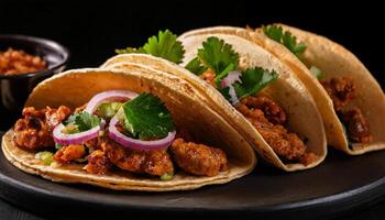 close-up of soft corn tortillas filled with spicy grilled meat, chopped onions, and fresh cilantro on a dark plate photo