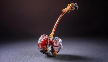 macro close-up of a shriveled cherry with dry stem and visible mold growth forming at the base on a dark background photo