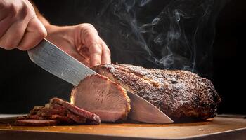 close-up of beef brisket being carved with a knife, juicy meat slices, tender smoked texture, and lingering steam rising from the brisket photo
