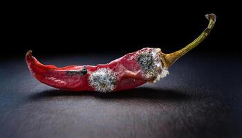 macro close-up of a spoiled chili pepper with shriveled skin and mold growth forming on its surface against a dark background photo