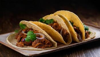 close-up of soft corn tortillas filled with tender grilled meat, caramelized onions, and fresh cilantro on a rustic wooden plate photo