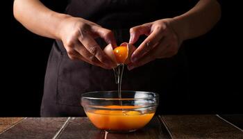 close-up of hands breaking a fresh egg with yolk and egg white dripping into a clear glass bowl for baking preparation photo