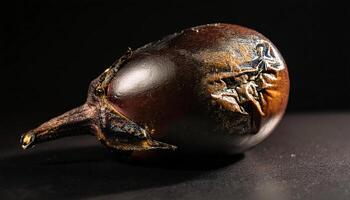 macro close-up of a spoiled eggplant with wrinkled texture and visible signs of decay on its glossy surface photo