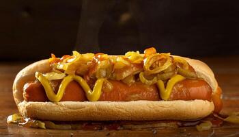 close-up of a hotdog topped with caramelized onions, peppers, and mustard, served on a soft bun photo