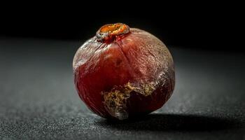macro close-up of a spoiled cranberry with soft wrinkled skin and visible mold against a dark background photo