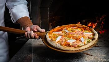 chef hands removing freshly baked pizza from a wood-fired oven using a wooden spatula, showcasing melted cheese and rustic toppings photo