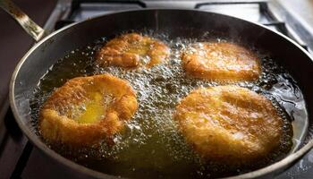crispy golden banana fritters frying in bubbling hot oil with crisp edges forming in a pan on a stovetop photo