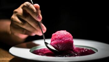 close-up of a chef shaping a perfect quenelle of vibrant red sorbet with a spoon, highlighting precision and dessert presentation in fine dining photo