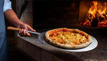 chef hands pulling freshly baked pizza from a wood-fired oven with flames, using a metal pizza peel for authentic cooking photo