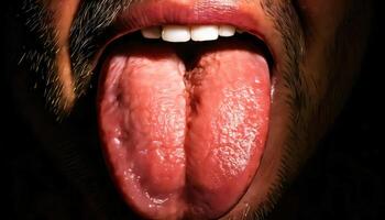 close-up of tongue with visible discoloration and texture caused by prolonged tobacco use and smoking effects photo