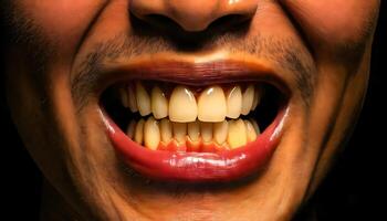 close-up of discolored stained teeth and gums with plaque buildup due to prolonged smoking and poor dental hygiene photo