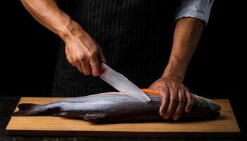 chef hands skillfully filleting a whole fresh salmon with a sharp knife on a wooden cutting board, focusing on precision and culinary expertise photo