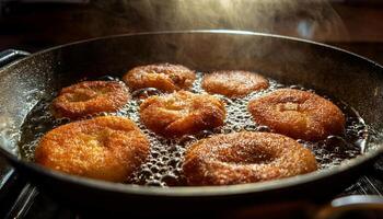 close-up of golden banana fritters frying in bubbling hot oil with crispy edges in a pan under the heat and steam rising photo
