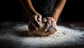 hands kneading bread dough on a flour-dusted countertop, artisan baking process with floury hands and rustic kitchen atmosphere photo