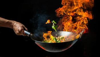close-up of a chef tossing fresh vegetables in a flaming wok, with vibrant flames rising high and ingredients mid-air in a dramatic kitchen setting photo
