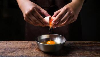 close-up of hands cracking a fresh egg with yolk and egg white dripping into a metal bowl for food preparation photo