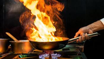 close-up of a chef hands holding a pan with dramatic flames rising in a high-energy professional kitchen scene photo