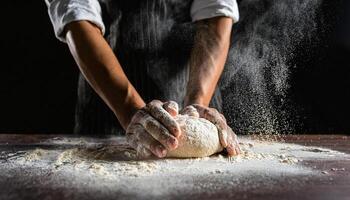 close-up of a chef hands kneading dough with flour dust flying in the air, showcasing the art of breadmaking in a rustic kitchen setting photo