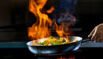 close-up of chef hands flipping a sizzling pan of vegetables over high flames in a professional kitchen photo