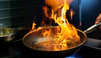 close-up of a chef hand holding a pan with intense flames rising in a professional kitchen, showcasing flam cooking technique photo