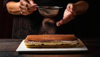 hands sifting cocoa powder over tiramisu dessert, fine dusting of cocoa creating a velvety layer on creamy italian dessert photo