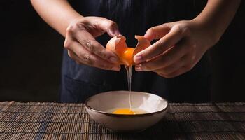 close-up of hands breaking a fresh egg into a bowl with egg yolk dripping slowly in focus for food preparation photo