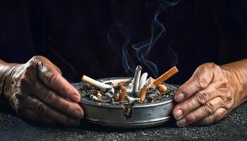 close-up of elderly hands holding an overflowing ashtray filled with cigarette butts and ash with rising smoke photo