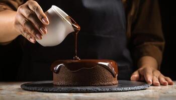 close-up of a chef hands drizzling glossy chocolate ganache over a cake, with rich liquid cascading down the sides on a dark rustic background photo