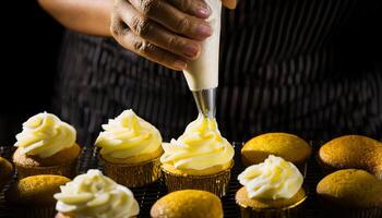 close-up of baker hands piping buttercream frosting onto golden cupcakes, showcasing cake decorating techniques and freshly baked pastries with smooth swirls photo