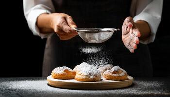 close-up of a baker hands dusting powdered sugar over freshly baked pastries using a fine sieve, with sugar falling elegantly on a wooden board photo