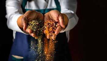 close-up of a chef holding colorful dried herbs and spices, with vibrant grains cascading through their hands against a dark background photo
