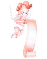Flying cupid with unrolled vertical scroll. Isolated watercolor illustration for design of cards, invitations, lettering, signage, holiday decorations png