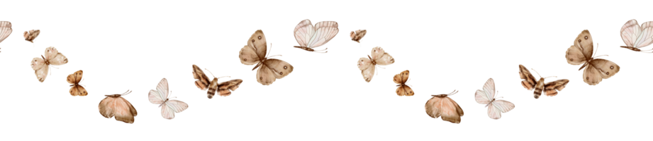 Seamless board pattern, repeating ornament with beige and brown butterflies. Seamless pattern with hand drawn watercolor illustration. Delicate, flying, elegant butterflies in vintage style. png