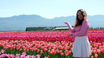 Attractive woman in a nice flowery dress walking through endless tulips field in spring. Aerial view of colorful tulips in bloom and girl. Concept. Tulips in Keukenhof gardens, Netherlands, Holland. video