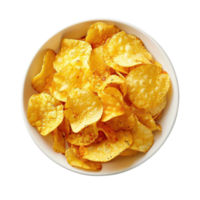 A bowl of crispy golden potato chips arranged in a perfect top view, isolated on transparent background png
