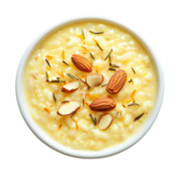 Traditional Indian rice pudding with almonds and saffron, isolated on transparent background. png
