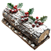 A festive Yule Log with holly berries and a dusting of powdered sugar, isolated on transparent background png